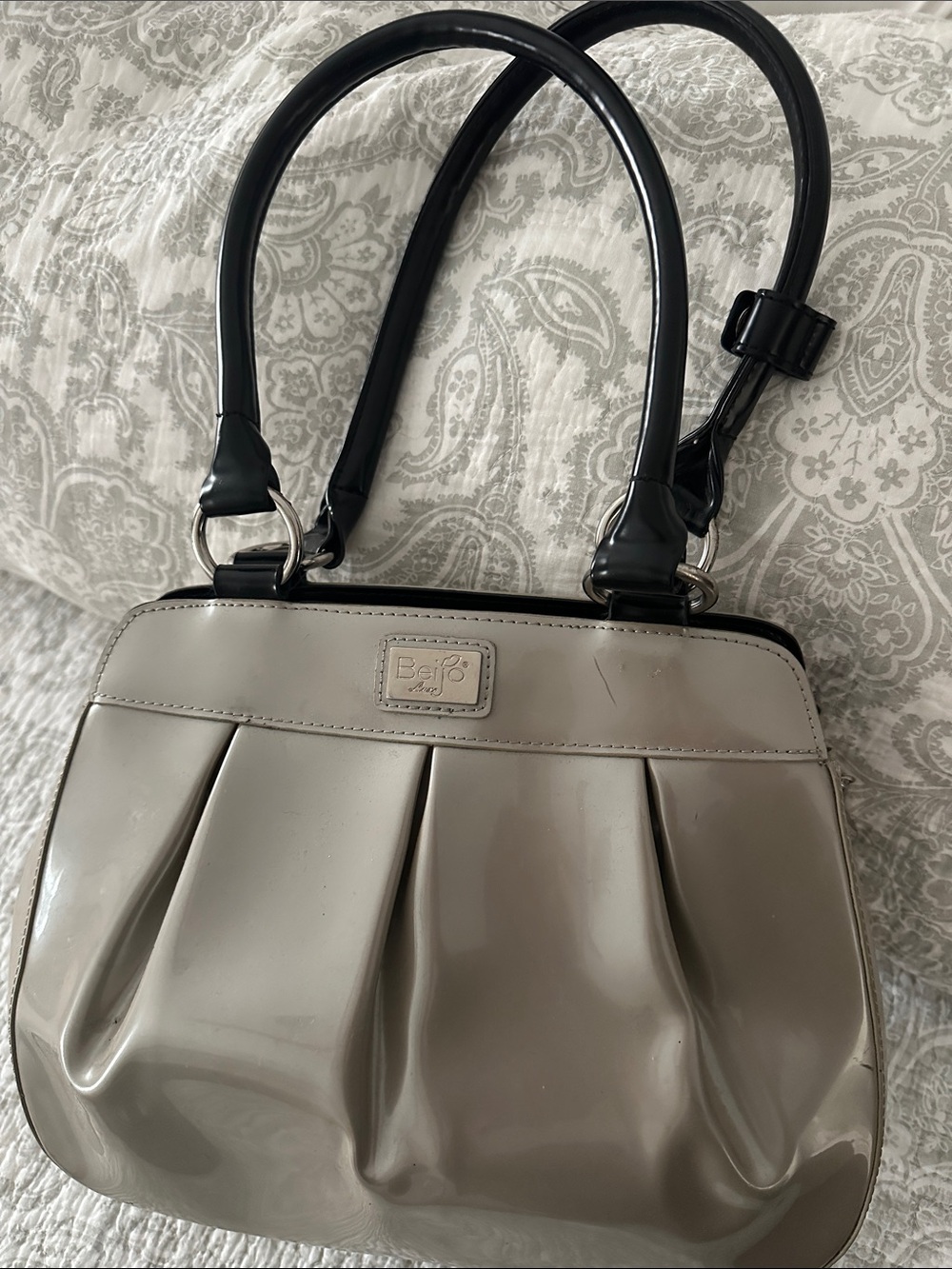 Beijo Taupe Patent Shoulder Bag with Black Handles